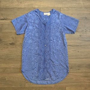 Vintage Blue Floral Satin Nightgown By Adonna In Size Small With Lace Accent.